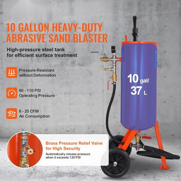 10 Gallon Tungt Sandblæser 60-110 PSI med 2 Dysser og 7,5 fod Slange - Effektivt værktøj til reparation og rengøring.