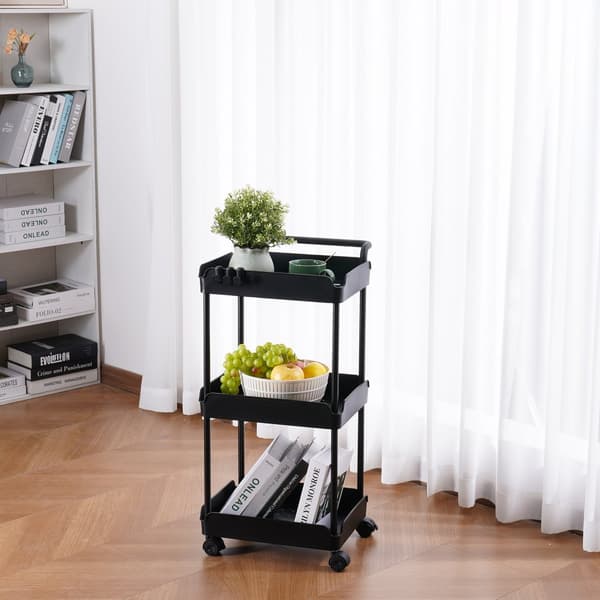 3-trins rullende vogn med låsbare hjul. Multifunktionel opbevaring til kontor, stue og køkken. Flytbare hylder, sort design.