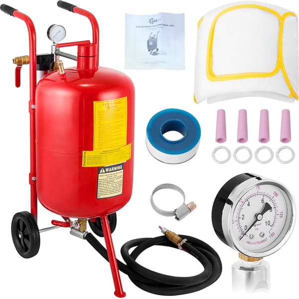 10 gallons/38L sandblæser med dyseventil, trykmåler, keramisk dyse, gummihjul og effektiv sandblæsning.
