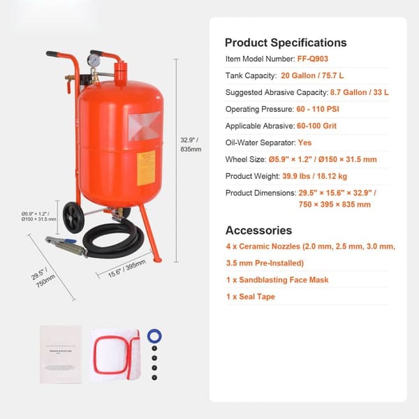 20 gallons højtrykssandblæser 60-110 PSI med 4 dyser, ideel til effektiv sandblæsning.