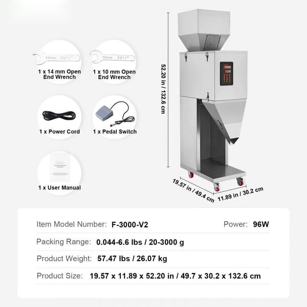 Partikelpåfyldningsmaskine, 0,044-6,6 lbs/20-3000 g, automatisk med fodpedal i rustfrit stål. Ideel til bønner og frø.