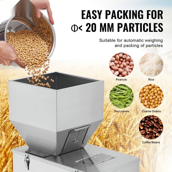 Partikelpåfyldningsmaskine, 0,044-6,6 lbs/20-3000 g, automatisk med fodpedal i rustfrit stål. Ideel til bønner og frø.
