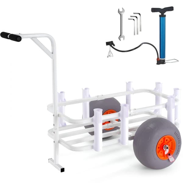 Strandfiskevogn med 300 lbs belastning, to 13" PU-dæk, aluminiumsramme, 8 stangholdere - perfekt til fiskeri og picnic ved stranden.
