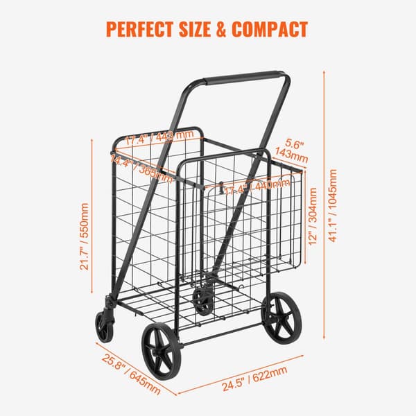 Sammenklappelig indkøbsvogn, Jumbo med dobbeltkurve og 360° drejelige hjul, robust vogn til tøj, dagligvarer og bagage.