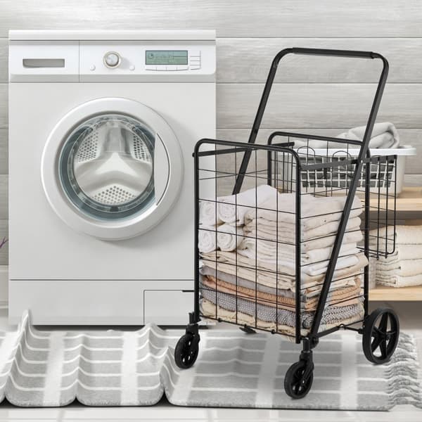 Sammenklappelig indkøbsvogn, Jumbo med dobbeltkurve og 360° drejelige hjul, robust vogn til tøj, dagligvarer og bagage.