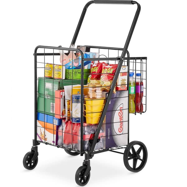 Sammenklappelig indkøbsvogn, Jumbo med dobbeltkurve og 360° drejelige hjul, robust vogn til tøj, dagligvarer og bagage.