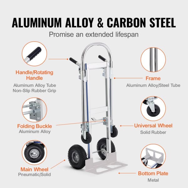 Aluminiumshåndlastbil, 2 i 1, 800 lbs kapacitet. Kraftig foldevogn og dolly, konverteres nemt til platformsvogn med gummihjul.