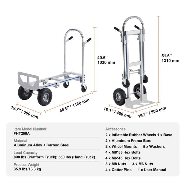 Aluminiumshåndlastbil, 2 i 1, 800 lbs kapacitet. Kraftig foldevogn og dolly, konverteres nemt til platformsvogn med gummihjul.