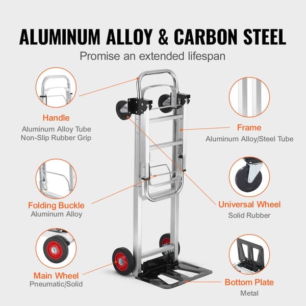 Aluminium håndlastbil, 2-i-1, 180 kg kapacitet. Robuste konvertible vogne til både transport og platform, med gummihjul.