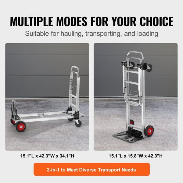 Aluminium håndlastbil, 2-i-1, 180 kg kapacitet. Robuste konvertible vogne til både transport og platform, med gummihjul.