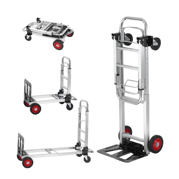Aluminium håndlastbil, 2-i-1, 180 kg kapacitet. Robuste konvertible vogne til både transport og platform, med gummihjul.