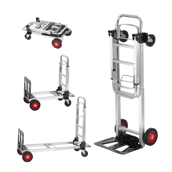Aluminium håndlastbil, 2-i-1, 180 kg kapacitet. Robuste konvertible vogne til både transport og platform, med gummihjul.