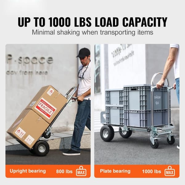 Aluminium håndlastbil 2 i 1 med 1000 lbs kapacitet. Konvertibel vogn fra håndlastbil til platform med gummihjul til tung industri.