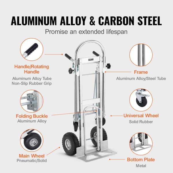 Alumiininen 4-in-1 käsitrukki, 1000 lbs, kestävä ja taitettava dolly hyötykärry kumipyörillä.
