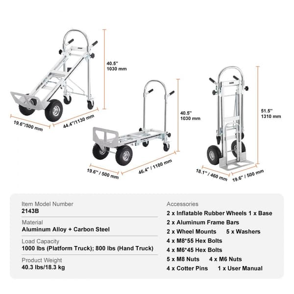 Alumiininen 4-in-1 käsitrukki, 1000 lbs, kestävä ja taitettava dolly hyötykärry kumipyörillä.