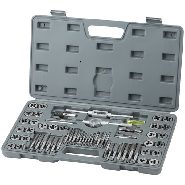 Tap och Die Set, 60-delars metrisk och SAE standard, stålverktyg för utvändiga/invändiga gängor, med tillbehör och väska.