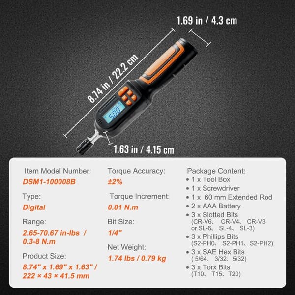 Digitaalinen vääntömomenttiruuvimeisseli, 1/4", LCD-näyttö, 2,65-70,67 in-lbs, 0,01 Nm säätö.