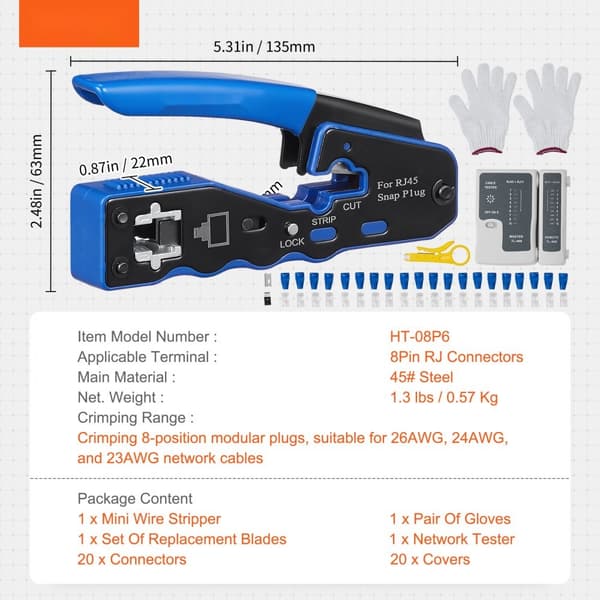 RJ45-puristustyökalusarja Cat5e/Cat6 Ethernet-puristuspihdit, 20 liitintä, langanpoistaja ja verkkotesteri.