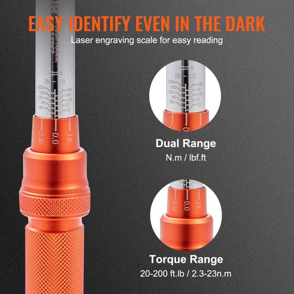 Momentnøgle 1/4" drev, Klikmomentnøgle 20-200 in.lb/3-23 n.m, justerbart sæt med dobbeltskala og adaptere for forlængerstang.