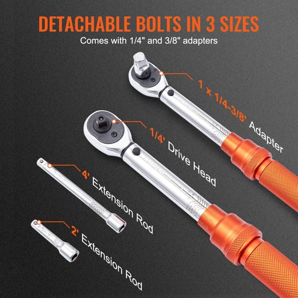Momentnøgle 1/4" drev, Klikmomentnøgle 20-200 in.lb/3-23 n.m, justerbart sæt med dobbeltskala og adaptere for forlængerstang.