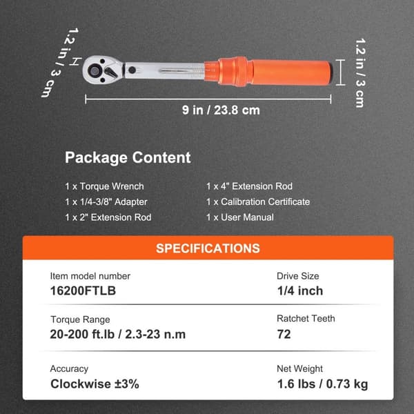 Momentnøgle 1/4" drev, Klikmomentnøgle 20-200 in.lb/3-23 n.m, justerbart sæt med dobbeltskala og adaptere for forlængerstang.