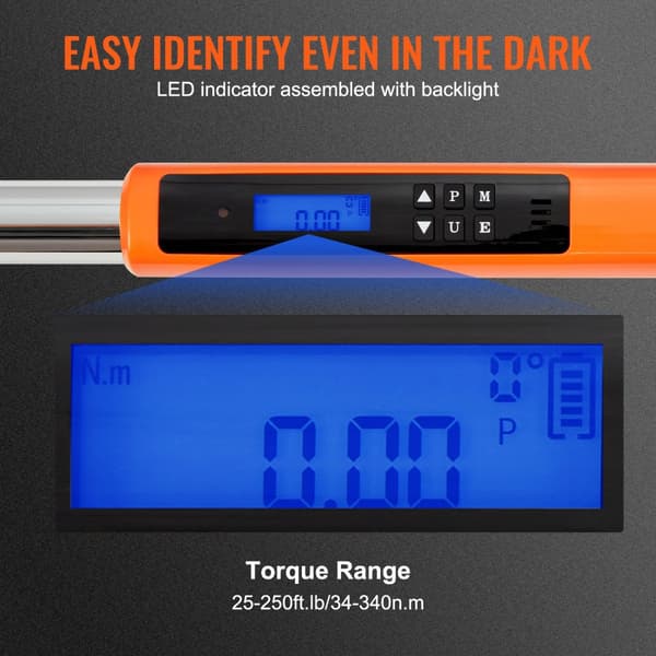 Digital momentnøgle, 1/2" drev, elektronisk momentnøgle, sæt 25-250 ft.lb/34-340 n.m. Nøjagtighed ±2%, 3 tilstande med LED-signal.