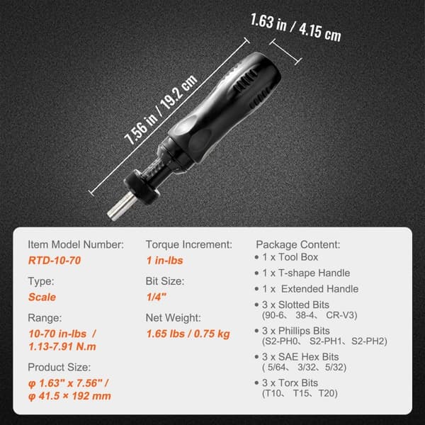 Justerbar momentnøgle 1/4" med område 10-70 in/lb og 1 in-lb trin - perfekt til præcisionsarbejde.