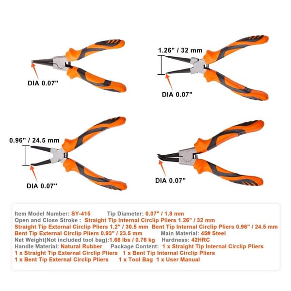 Snap Ring -pihdit, 4-osaa, 0,07" kärki, korkeahiiliterästä, Heavy Duty lukkopihdit, mukana työkalulaukku.