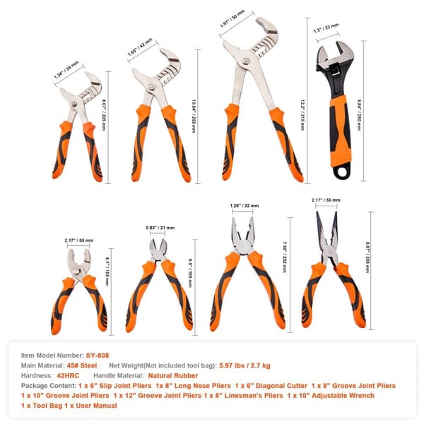 8-delt tængersæt i højkulstofstål: 12"/10"/8" rilletænger, 8" Linesman's, 6" glidetang, 8" langnæsetang, 6" diagonalkutter, 10"