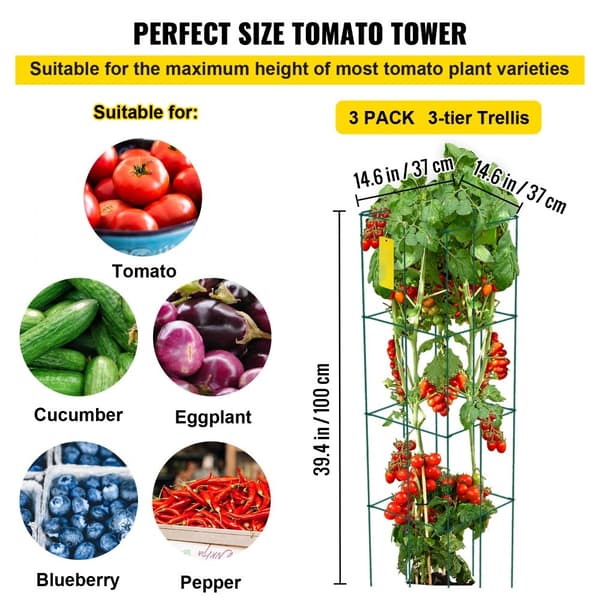 Tomatburar 14,6" x 14,6" x 39,4", 3-pack; kraftiga gröna PVC-belagda ståltorn för växter och klättrande grönsaker.