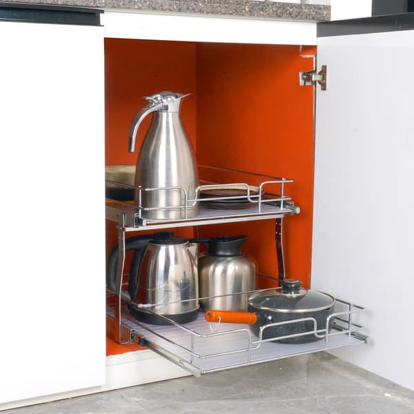 2 niveau 19"B x 20"D udtrækskabsorganisering, robust pantry-hylder, forkromede skuffer, opbevaring til køkken og badeværelse.