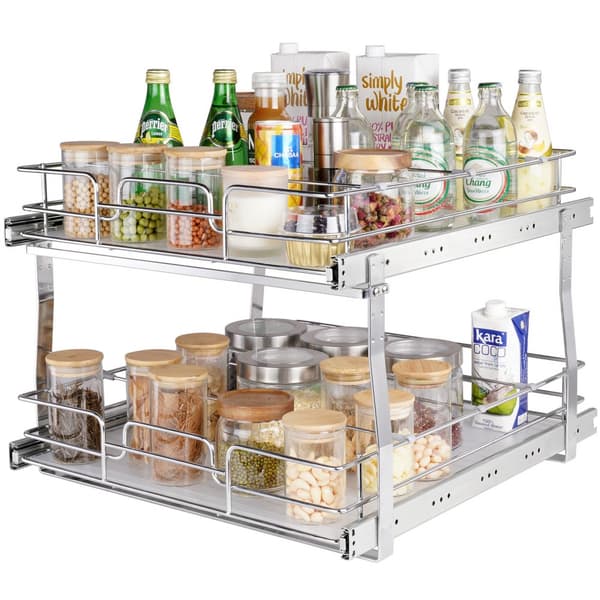 2 niveau 19"B x 20"D udtrækskabsorganisering, robust pantry-hylder, forkromede skuffer, opbevaring til køkken og badeværelse.