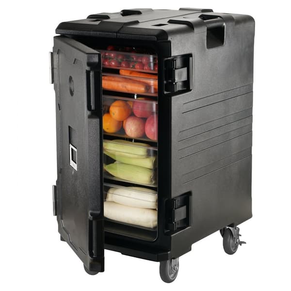 Isoleret madbeholder, frontlæsser, cateringkasse med hjul, 109 Qt, sort. Ideel til transport af mad og drikkevarer.