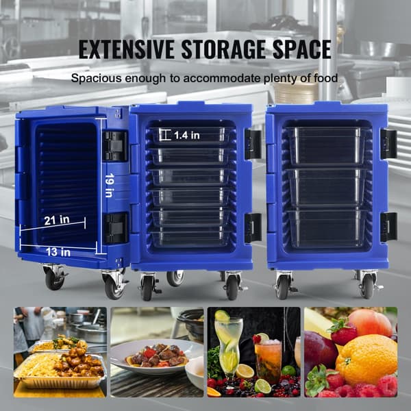 Isoleret madbeholder, frontloader, cateringkasse med hjul, 82 qt, blå. Ideel til opbevaring og transport af madvarer.