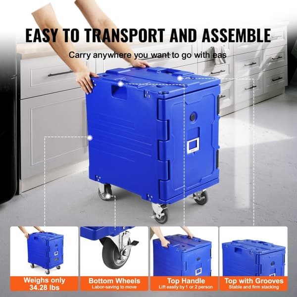 Isoleret madbeholder, frontloader, cateringkasse med hjul, 82 qt, blå. Ideel til opbevaring og transport af madvarer.