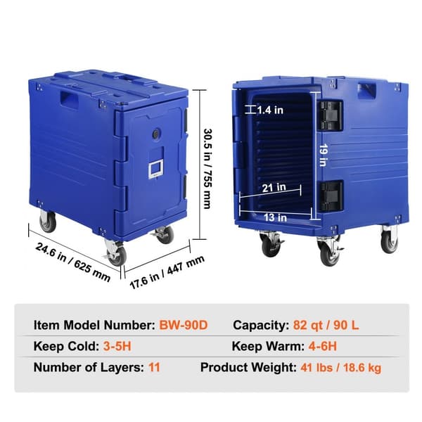 Isoleret madbeholder, frontloader, cateringkasse med hjul, 82 qt, blå. Ideel til opbevaring og transport af madvarer.