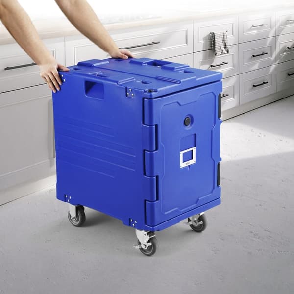 Isoleret madbeholder, frontloader, cateringkasse med hjul, 82 qt, blå. Ideel til opbevaring og transport af madvarer.