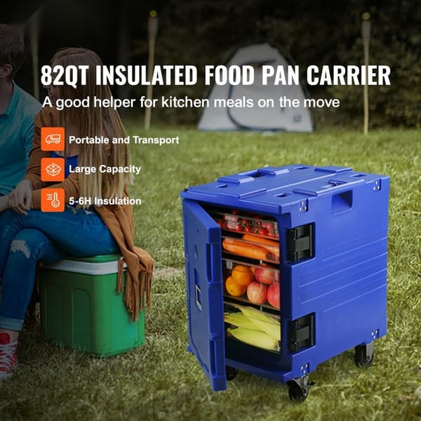 Isoleret madbeholder, frontloader, cateringkasse med hjul, 82 qt, blå. Ideel til opbevaring og transport af madvarer.