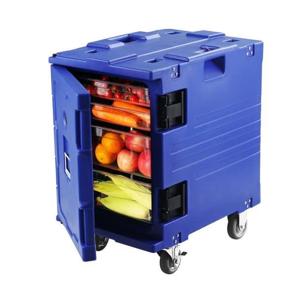 Isoleret madbeholder, frontloader, cateringkasse med hjul, 82 qt, blå. Ideel til opbevaring og transport af madvarer.