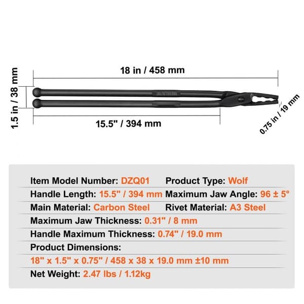 Smides tång, 18” Wolf Jaw, kolstål, A3 stålnitar, för hästskor och krökta former. För nybörjare och erfarna smeder.