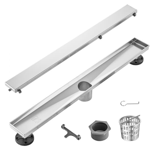 610 mm lineært bruseafløb med fliseindlæg, børstet 304 rustfrit stål, rektangulær form, justerbare fødder, stylish sølvfinish.
