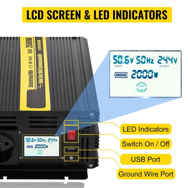 2500W puhdas sinimuotoinvertteri, DC 12V - AC 230V, USB-portti, LCD-näyttö, kaukosäädin, turvallinen virranmuunnin.