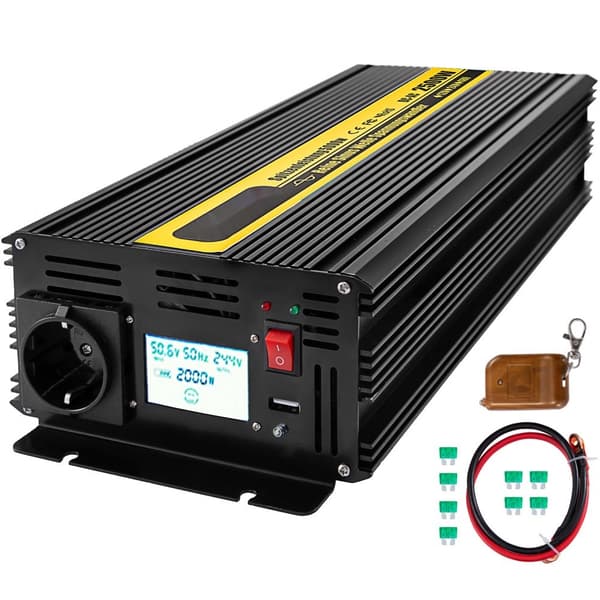 2500W puhdas sinimuotoinvertteri, DC 12V - AC 230V, USB-portti, LCD-näyttö, kaukosäädin, turvallinen virranmuunnin.