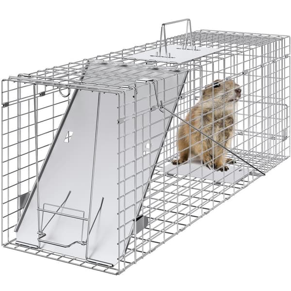 Levende dyrefælde, 79 x 25 x 30 cm. Galvaniseret til katte, kaniner, egern, vaskebjørne og opossums. Praktisk transport med håndtag.