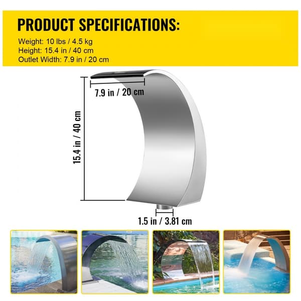 Pool Vattenfall Fontän Rostfritt Stål 15,4" x 7,9" x 1,5" Silver Pool Fontäner för Markpooler Trädgård Utomhus Vattenfunktion