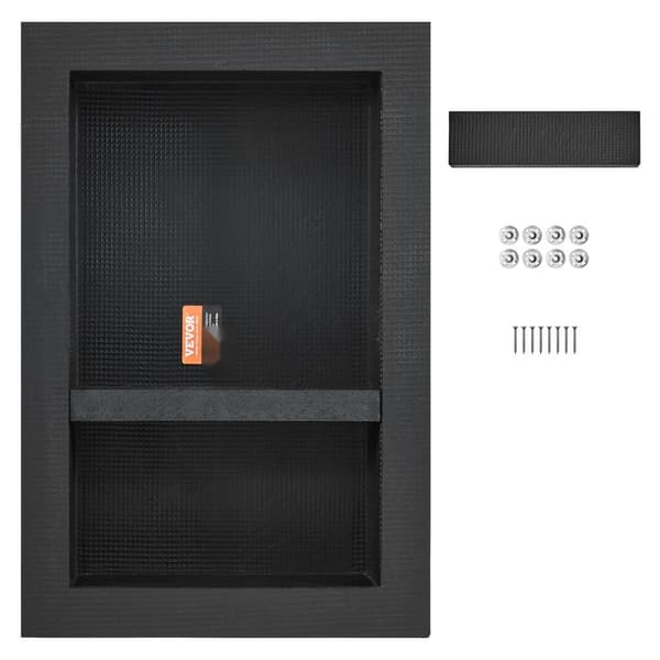 Bruseniche til fliser 40,64 x 60,96 cm med dobbelthylde. Moderne, firkantede hjørner og forsænket sort sæbeopbevaring.