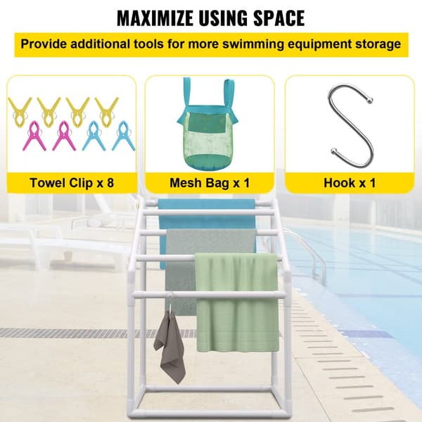 Pool håndklædeholder, 5 bar, hvid PVC. Fritstående til opbevaring ved swimmingpool, inkl. 8 clips, mesh taske og krog. Ideel til strand og svømmetur.