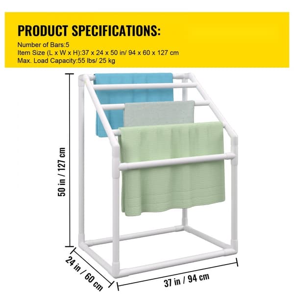 Pool håndklædeholder, 5 bar, hvid PVC. Fritstående til opbevaring ved swimmingpool, inkl. 8 clips, mesh taske og krog. Ideel til strand og svømmetur.