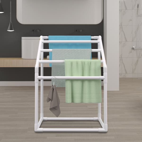 Pool håndklædeholder, 5 bar, hvid PVC. Fritstående til opbevaring ved swimmingpool, inkl. 8 clips, mesh taske og krog. Ideel til strand og svømmetur.