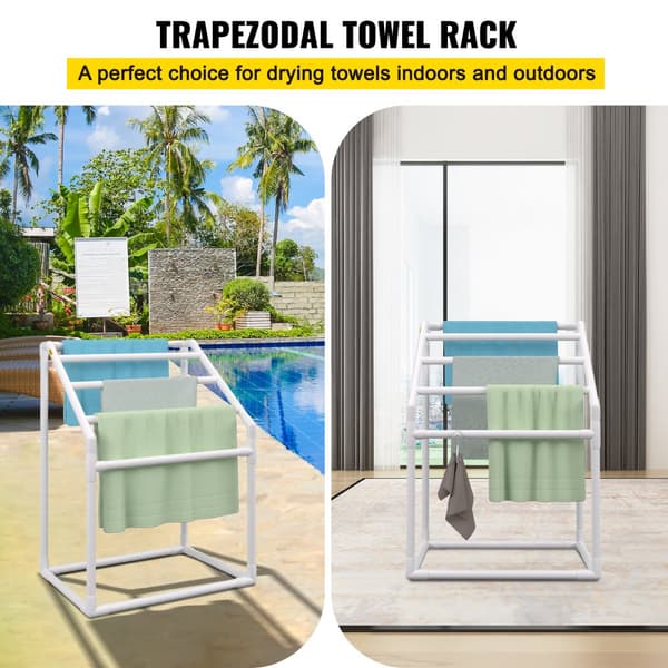 Pool håndklædeholder, 5 bar, hvid PVC. Fritstående til opbevaring ved swimmingpool, inkl. 8 clips, mesh taske og krog. Ideel til strand og svømmetur.